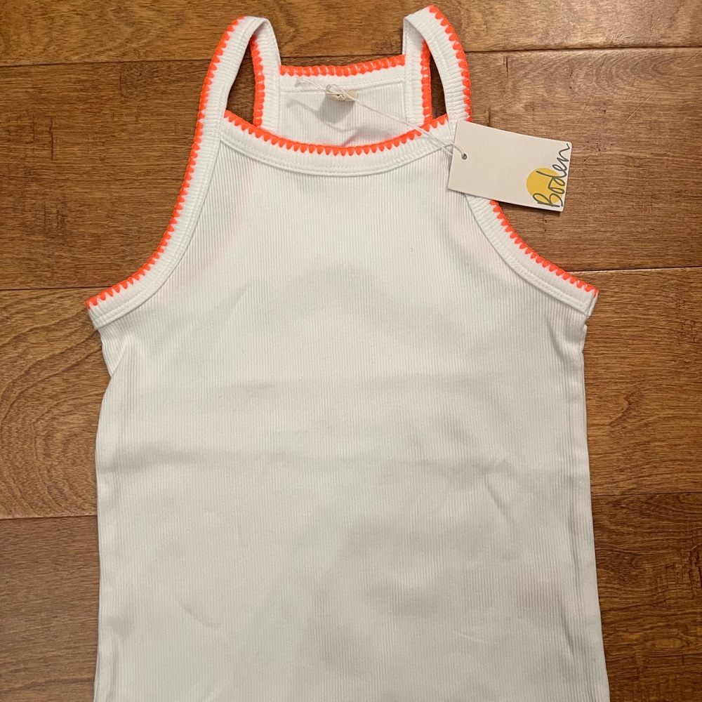 NEW WITH TAGS Mini Boden Cut Away Ribbed Tank - 4-5 Years - White + Neon Orange - Picture 3 of 5